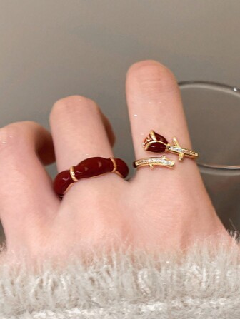 2pcs/Set Fashion Rose Decor Open Ring, Suitable For Women's Everyday Wear