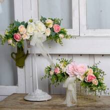1pc Artificial Hanging Rose Peony Flower Wreath With Green Leaves, Decoration For Wedding Ceremony Arch, Front Door, Home Wall