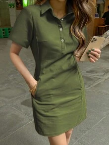 Nuevo Vestido Corto Elegante de Primavera/Verano con Solapa, Ajustado y de Solapa Única - Verde militar - Ver 6