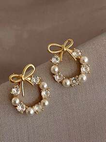 1 Pair Golden Bowknot Faux Pearl Decor Elegant Round Design Bridal Earrings Valentines