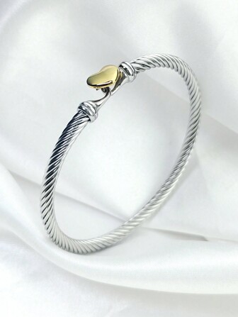 1pc Elegant & Refined 4mm 18k Gold Plated Stainless Steel Cable Twist Open Heart Shaped Bracelet, Suitable For Women/Girls Daily Wear, Anniversary, Birthday, Party Jewelry Gift