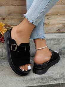 Women's Round Toe Thick Sole Open Toe Suede Slip-On Flat Shoes With Metal Buckle Decoration, Comfortable Casual Versatile Platform Sandals For Daily Wear, Work, School, Music Festival, Beach Party, Dating, Vacation