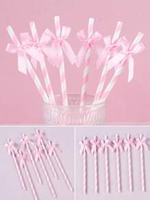 16支/8支装蝴蝶结纸吸管，粉色、绿色、银色、金色、紫色、浅蓝色一次性吸管，生日派对餐具，婚礼新娘礼物，性别揭晓派对装饰，房间和餐桌装饰，杯子装饰礼品，一次性餐具 - 彩色 - 查看 5
