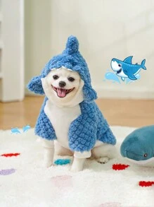 1pc Cute Shark Plush Pet Hoodie, Transforming Dog/Cat Sweatshirt, Thick & Soft Fabric, Leash Friendly For Small/Medium Dogs, Warm For Autumn/Winter - Blue - View 1