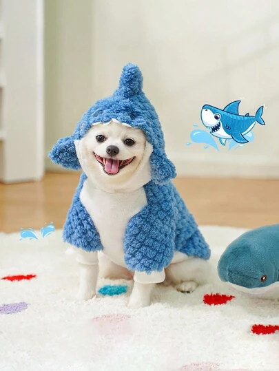 1pc Cute Shark Plush Pet Hoodie, Transforming Dog/Cat Sweatshirt, Thick & Soft Fabric, Leash Friendly For Small/Medium Dogs, Warm For Autumn/Winter