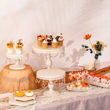 6-Piece Ivory White Cake Stand Set With Crystal Accents – Includes Round Stands And Lace Edge Design For Weddings And Parties - màu trắng ngà - Xem 3