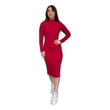 Red Ribbed Knit Maxi Dress Long Sleeve High Neck - 紅色 - 查看 2