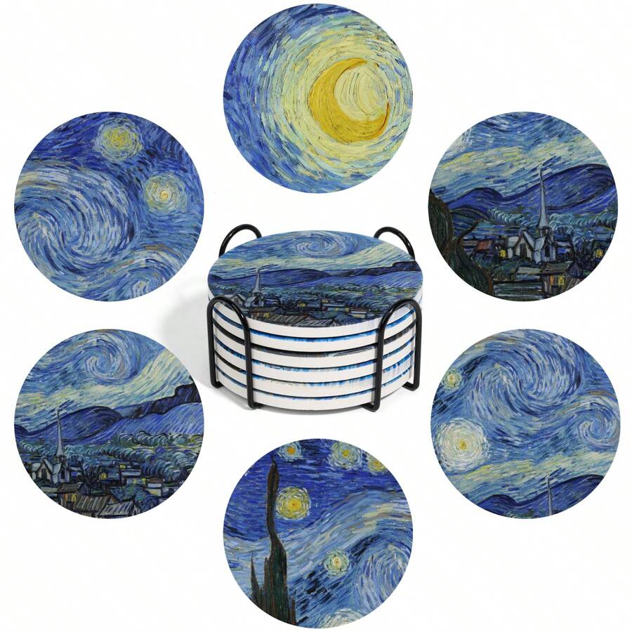 Drink Coasters With Holder, Coasters For Drinks-Set Of 6, Van Gogh Paintings Art Ceramic Coasters For Coffee Table Gifts Home Decor, Blue, 4 Inches - Multicolor - View 1