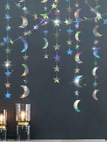 1件装全息炫彩星月花环 - 闪亮粉彩和金属色派对装饰，易于悬挂的横幅，适用于生日、婚礼、婴儿派对 - 室内/室外派对装饰用品 - 彩色 - 查看 1