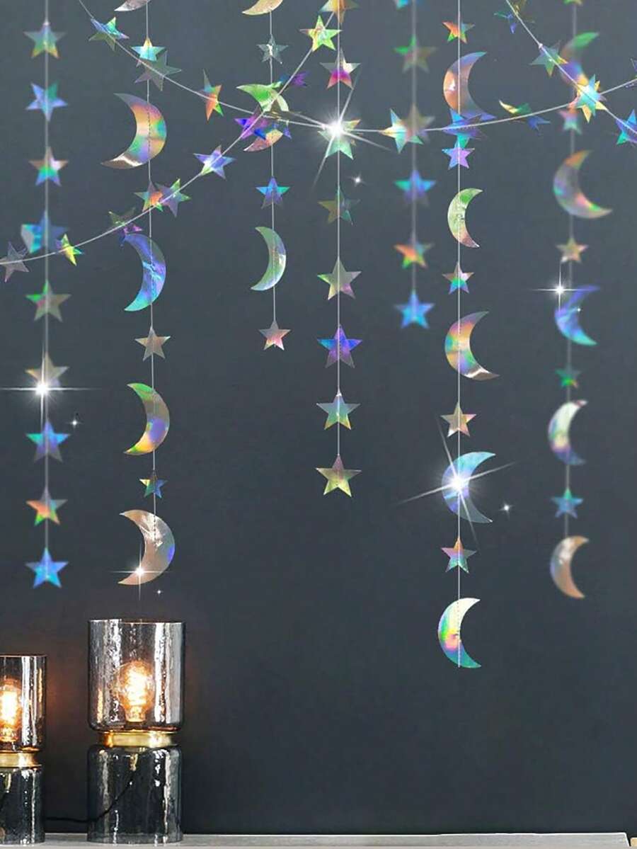 1件装全息炫彩星月花环 - 闪亮粉彩和金属色派对装饰，易于悬挂的横幅，适用于生日、婚礼、婴儿派对 - 室内/室外派对装饰用品 - 彩色 - 查看 1