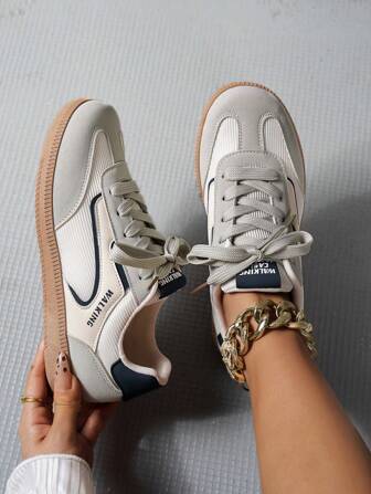 SHIHUA Women's Casual Sneakers, 2025 Spring/Autumn New Patchwork Color Blocking Design Flat Bottom All-Match Casual Shoes, Comfortable Versatile Minimalist White Shoes, Student Shoes, Retro Shoes