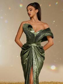 Smilprince 奢华翡翠绿色连衣裙金属不对称领口高开叉长款晚礼服，优雅派对，女士舞会礼服，正式晚礼服，晚礼服，婚礼宾客礼服 - 青檸色 - 查看 8