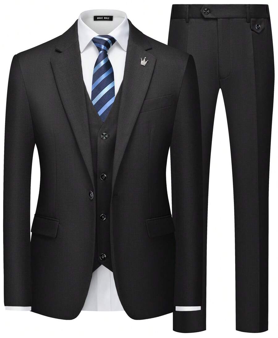 MAGE MALE Mens Suits Slim Fit 3 Piece Tuxedo Suit One Button Solid Prom Wedding Party Blazer Vest Pants Set - 亮黑 - 查看 1