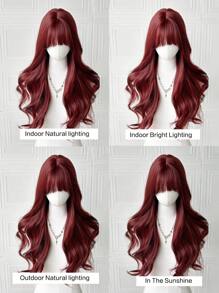 带刘海的勃艮第假发 女士红色长假发 24 英寸卷发 自然外观 耐热纤维假发 适合女孩万圣节派对使用 - 酒紅色 - 查看 8