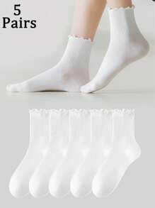5 Pairs Women White Cute Ruffle Fashionable Mid-Calf Socks, Suitable For Everyday Wear, Fall - White - View 1