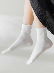 5 Pairs Women White Cute Ruffle Fashionable Mid-Calf Socks, Suitable For Everyday Wear, Fall - White - View 2