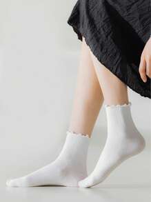 5 Pairs Women White Cute Ruffle Fashionable Mid-Calf Socks, Suitable For Everyday Wear, Fall - White - View 3