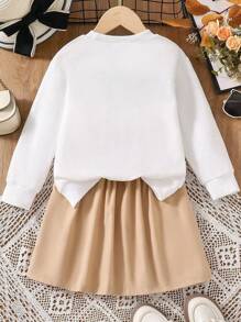 Tween Girls Cartoon Pattern Printed Round Neck Long Sleeve Top & Solid Color Pleated Skirt Set - White - View 2