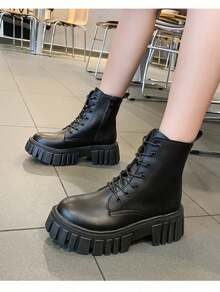 Botas cortas de estilo británico para mujer, Botas de Agujetas para Mujer, Botas Militares de Combate con Cordones para Mujer, Botas de combate con cremallera lateral minimalista, diseño de hebilla, con cordones frontales, para combinar con ropa de otoño