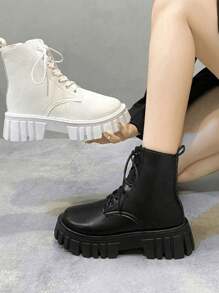Botas cortas de estilo británico para mujer, Botas de Agujetas para Mujer, Botas Militares de Combate con Cordones para Mujer, Botas de combate con cremallera lateral minimalista, diseño de hebilla, con cordones frontales, para combinar con ropa de otoño