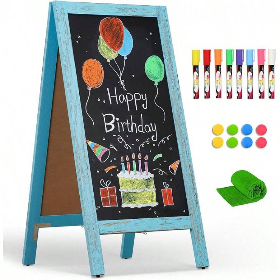 A-Frame Chalkboard 40" X 20", Chalk Board Sign Board Magnetic Sandwich Board Pine Wooden Freestanding Double-Sided Chalkboard Easel For Restaurant Cafe Shop Wedding Party, Blue - Blue - View 1