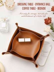 1pc Leather Jewelry Tray For Rings, Earrings And Bracelets; Storage Organizer For Nightstand And Dresser; Catchall Tray For Watch And Coin; Phone And Key Holder With Printed Gold English Words, Gift For Valentine's Day,Boho Vibes,For Holiday Beach, Bathroom Collection, Bedroom Collection, Large Capacity