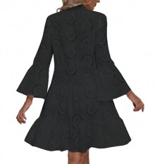 Hollow Elegant Dresses For Women Solid V Neck Flared Sleeve Vintage Cocktail Dresses Loose Casual Shirt Dress - 黑色 - 查看 2