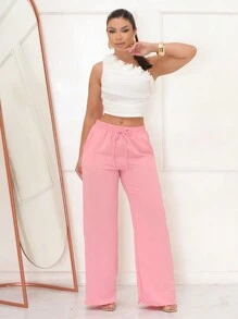 WIDE LEG HIGH WAIST PANTALONA PANTS WITH ELASTIC DUNA FABRIC - 淺粉色 - 查看 4