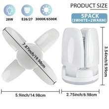 2个装LED车库灯泡，迷你28W LED车库吸顶灯，4个可调节面板，2300流明车库LED灯泡，E26灯头，6500K日光/3000K暖光，超亮可变形LED灯泡，适用于车库、厨房、室内、客厅、阁楼照明 - 28W-白色 - 查看 13