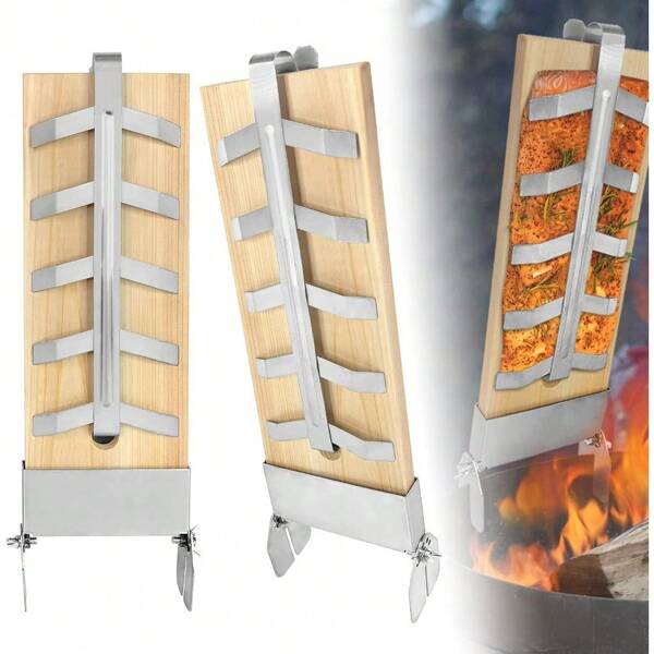 Froadp Flammlachsbrett 2X Flammlachsbretter mit Edelstahl-Halterung Lachsbretter 5 Stufen Einstellbar Flammlachs für Feuerschale zum Grillen Outdoor Grill Zedernholzbrett Belastbarkeit bis 2,5KG