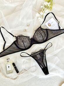 3-Sets Pure Desire Romantic Women And Ladies' Floral Lace Embroidery Mesh Bra & Panty Lingerie Set Naughty Outfits Valentines Day Gift For Her