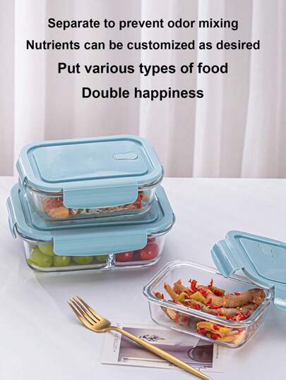 Caja de almuerzo de vidrio resistente apta para microondas con compartimentos, recipiente de almacenamiento de alimentos para frutas, aperitivos, recalentamiento, aislamiento térmico, útiles escolares