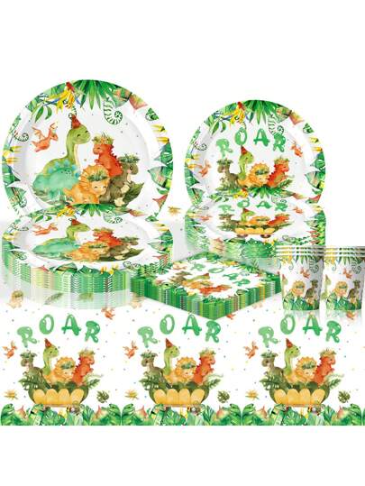 恐龙派对一次性餐具、丛林主题派对食物托盘派对餐具蛋糕盘、适合恐龙 1 岁生日家庭节日派对的纸质餐具、恐龙生日礼物派对礼品、婴儿淋浴装饰家居装饰房间装饰餐桌装饰，包括 10 个 7 英寸和 9 英寸一次性纸盘、10 个纸杯、20 张餐巾