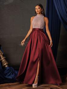 优雅的勃艮第亮片高开衩露背礼服，拖地长款正式晚礼服，女士舞会礼服，闪亮派对礼服，婚礼宾客礼服