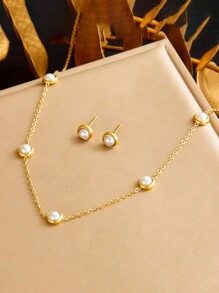 European And American Retro Round Pearl Stainless Steel Chain Accessories Bracelet Earrings Necklace Jewelry Set For Women, Suitable As Gift