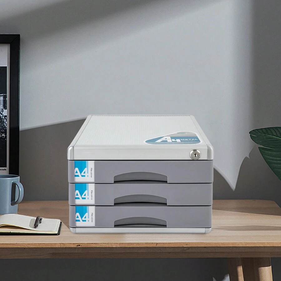 Metall Abschließbar Schubladenbox mit Beschriftungsfeldern, 3 Fächer A4 Schreibtisch Schubladenbox Klein Dokumenten Aufbewahrungsbox für Häuser, Büros, Schulen - Grau - Übersicht 1