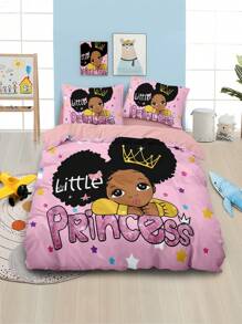 Conjunto de cama com 4 peças de desenho animado fofo para meninas, estampa de estrelas, incluindo 1 capa de edredom, 2 fronhas, 1 lençol, sem enchimento, macio e confortável, adequado para filha, quarto de namorada