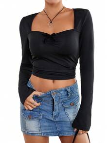 Women Square Neck Bow Front Slim Fit Long Sleeve T-Shirt, Casual Elegant Commuting Style All-Match Base Top, Suitable For Autumn/Winter