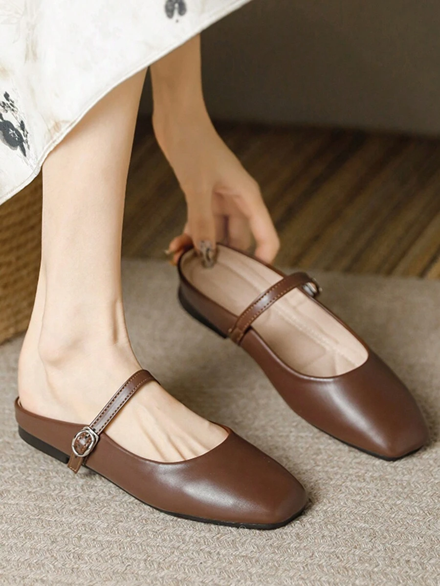 Women's Fashion Square Toe Slip-On Casual Shoes, Brown Color, Versatile For Office, Outdoor Activities, Spring & Autumn, High-End Quality Mary Jane Flat Mules - 棕色 - 查看 1