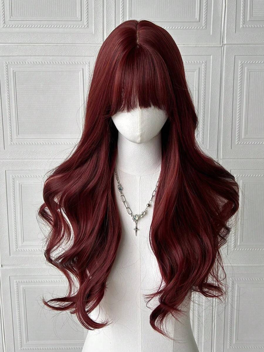 带刘海的勃艮第假发 女士红色长假发 24 英寸卷发 自然外观 耐热纤维假发 适合女孩万圣节派对使用
