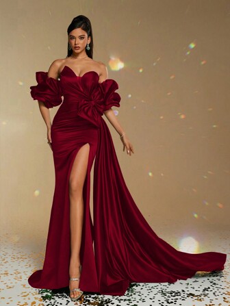 Smilprince New Elegant Burgundy Formal Evening Gown, Sheath Off-Shoulder Ruffle, Bow Satin, Elegant Party, Prom Dress For Women, Wedding Guest Dress