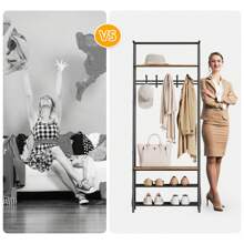 Garderobe Flur Baum mit Schuhablage Bank für 4-in-1-Eingang Flur Baum mit 5 Haken, Holz-Look Akzent Möbel mit Stahlrahmen Lagerung Regal, Schwarz