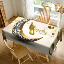 1pc Eid Mubarak Polyester Tablecloth,Exquisite Candle Lantern Patterned Tablecloth,Blue Printed Moon Patterned Tablecloth,Rectangular Machine Washable Tablecloth, Polyester,Ramadan Eid Home Decor, Kareem Celebration Table Cover,Ramadan Gift