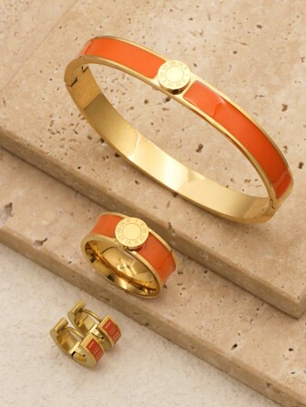 1set/4pcs New Round Roman Numerals Bracelet Stainless Steel Enamel Bangles Ring Earrings Jewelry Set Women Orange Color