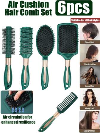 Conjunto de 6 peças/1 escova de cabelo (escovas quadradas, redondas e cacheadas), secador de cabelo e alisador, ferramentas de modelagem, escova de massagem antiestática, pente desembaraçante, adequado para cabelos grossos/cacheados/finos/longos/curtos, unissex, pente prático para cuidados com os cabelos e massagem SPA, ideal para viagens, atividades ao ar livre, esportes, escritório, escola, grampos de cabelo, acessórios para cabelo