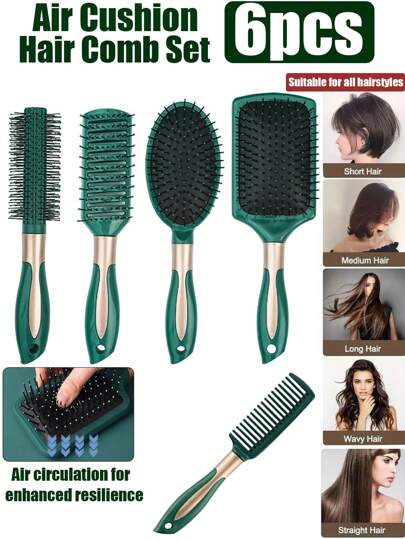 6pcs/1 Set Hair Brush Set (Square, Round And Curling Brushes), Hair Dryer And Straightener Styling Tools, Anti-Static Massage Brush, Detangling Comb, Suitable For Thick/Curly/Fine/Long/Short Hair, Unisex, Practical Hair Care & SPA Massage Comb, Ideal For Travel, Outdoor, Sports, Office, School, Hair Clips, Hair Accessories