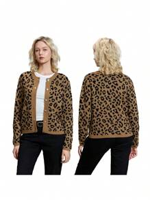Women Knit Cardigan Long Sleeve Button Closure Fall Casual Jacket Leopard Print Sweater - Khaki - View 4