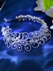 1 件情人节户外拍摄头带，浪漫设计，带珍珠、水晶和珠子装饰，HP606 情人节发带发箍 - 銀色 - 查看 3