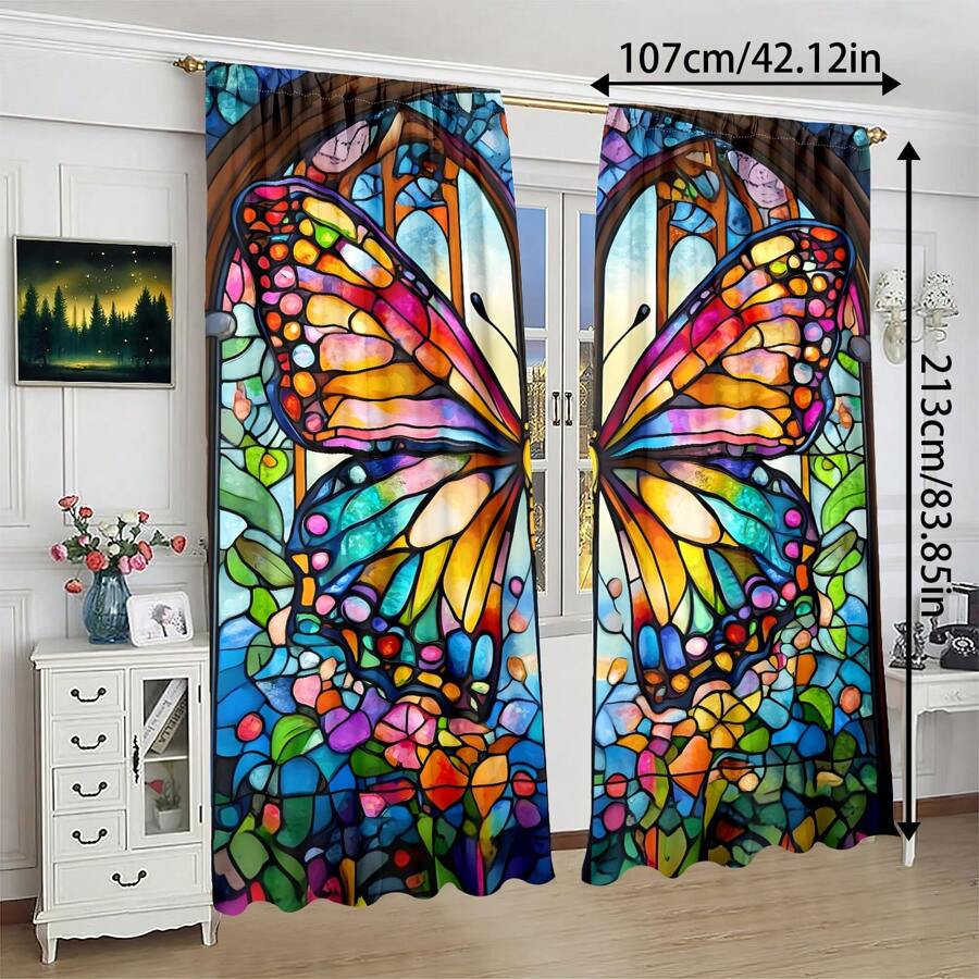 2pcs Cartoon Pattern Curtains, Made Of Polyester, Suitable For Living Room, Bedroom And Other Occasions, Good Blackout Effect, Suitable For Bedroom Decor, Home Furnishing, Wedding Style, No Need To Drill Holes For Installation. - Multicolor - View 1