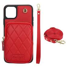 Funda de piel sintética (PU) compatible con iPhone 16, 15, 14, 13, 12, 11, Pro, X, XS, Max, XR, 8, 7 Plus, SE 2020, 2022, con ranuras para tarjetas, cremallera, bandolera y cuerda para el teléfono - Rojo - Ver 14